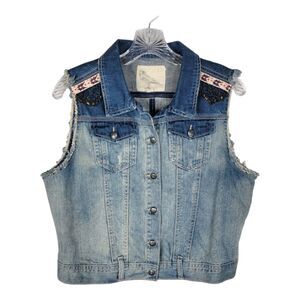 White Crow Denim Button Cropped Vest Cowgirl Rodeo Western Boho Beaded boho Ombr